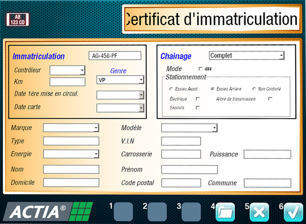ACTIA Automotive, ligne de contrôle VL - véhicule léger, logiciel : Bilan-Matic XG, certificat d'immatriculation.